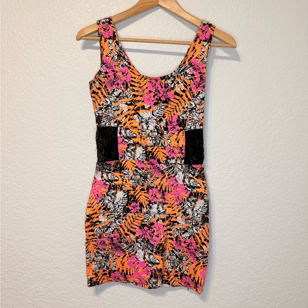 Floral Sleeveless Dress - Orange, Pink, Black